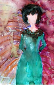 loose watercolor of a woman in a green dress by artist Chris Tessnear.