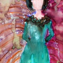 loose watercolor of a woman in a green dress by artist Chris Tessnear.