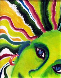 green yellow and magenta drawing of a woman with her hair radiating outward by artist Jeanie Browning.