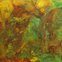 abstract yellow and red ground with women's faces emerging painted by artist Jeanie Browning.