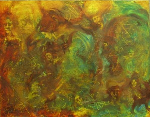 abstract yellow and red ground with women's faces emerging painted by artist Jeanie Browning.