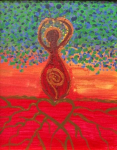 abstratced woman sittiabstracted woman sitting on red ground with upward reaching arms by artist Darie Cronic.ng on red ground with upward reaching arms by artist Darie Cronic.