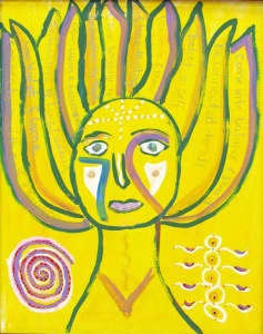 woman with written words in her hair painted in green on a yellow background by artist Daria Cronic.
