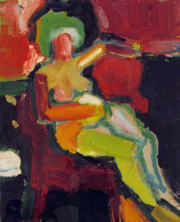 nude pregnant woman reclining in a chair painted by artist Sara Dame Setzer.