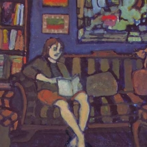 woman reading on a couch while her cat sleeps painted by artist Sara Dame Setzer.