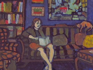 woman reading on a couch while her cat sleeps painted by artist Sara Dame Setzer.