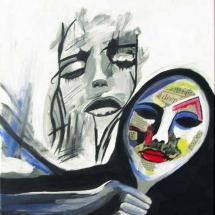 black and white woman behind a mask of color painted by artist Jennifer McSwain.