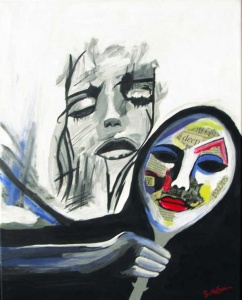 black and white woman behind a mask of color painted by artist Jennifer McSwain.