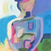 seated woman painted in color blocks by artist Jennifer McSwain.