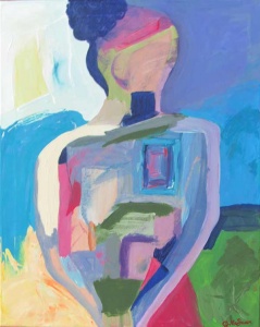 seated woman painted in color blocks by artist Jennifer McSwain.