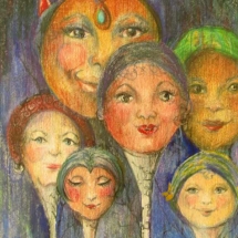 Color pencil drawing of flowers with peoples faces by Darlene Godfrey.