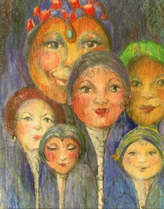 Color pencil drawing of flowers with peoples faces by Darlene Godfrey.