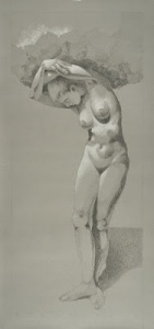 nude woman supporting a large rock above her head drawn with black and white pencil by artist Wil Bosbyshell.