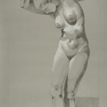 nude woman supporting a large rock above her head drawn with black and white pencil by artist Wil Bosbyshell.