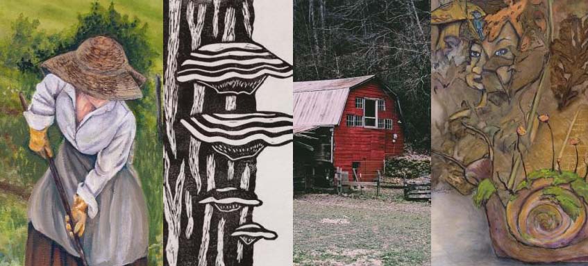 4 pieces of art - a woman raking, black and white mushrooms growing on a tree, a red rural barn, and an abstracted face and snail.