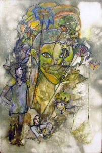 Elfin figures created by leaf-based eco-print and painting by artist Crystal Whitesides.