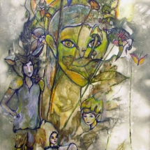 Elfin figures created by leaf-based eco-print and painting by artist Crystal Whitesides.