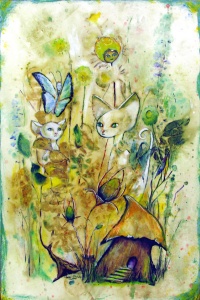 Elfin feline figures created by leaf-based eco-print and painting by artist Crystal Whitesides.