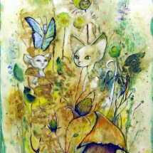 Elfin feline figures created by leaf-based eco-print and painting by artist Crystal Whitesides.