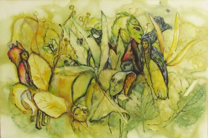 Elfin and leaf figures created by leaf-based eco-print and painting by artist Crystal Whitesides.