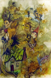 Elfin and gnome figures created by leaf-based eco-print and painting by artist Crystal Whitesides.