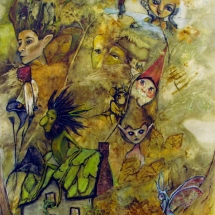 Elfin and gnome figures created by leaf-based eco-print and painting by artist Crystal Whitesides.