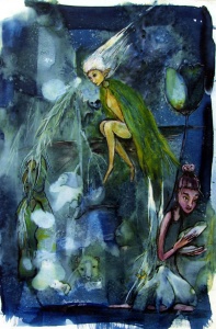 Elfin and bear figures on a blue background created by leaf-based eco-print and painting by artist Crystal Whitesides.