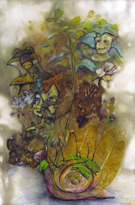 Elfin and leaf figures created by leaf-based eco-print and painting by artist Crystal Whitesides.