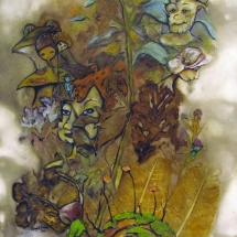 Elfin and leaf figures created by leaf-based eco-print and painting by artist Crystal Whitesides.