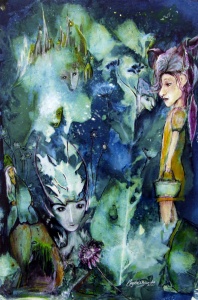 Elfin and leaf figures on a blue background created by leaf-based eco-print and painting by artist Crystal Whitesides.