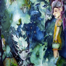 Elfin and leaf figures on a blue background created by leaf-based eco-print and painting by artist Crystal Whitesides.