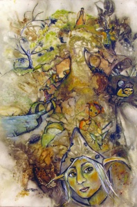 Elfin and leaf figures created by leaf-based eco-print and painting by artist Crystal Whitesides.
