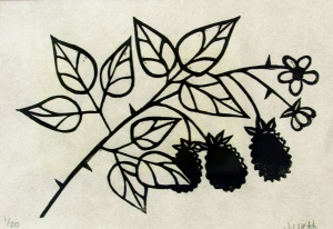 linocut print of blackberries by artist Jenna Webb.
