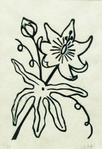 linocut print of a passion flower by artist Jenna Webb.
