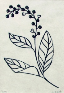 linocut print of poke-berries by artist Jenna Webb.