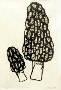 linocut print of the elusive morel mushroom by artist Jenna Webb.