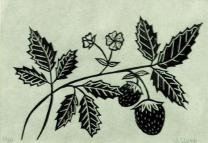 linocut print of wild strawberries by artist Jenna Webb.