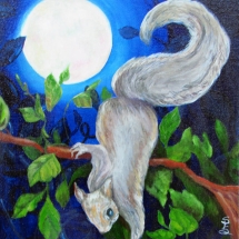 a white squirrel under a full moon flying in a tree painted in oil by artist Stacey Pilkington-Smith.