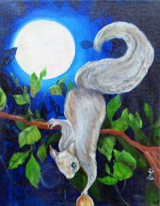 a white squirrel under a full moon flying in a tree painted in oil by artist Stacey Pilkington-Smith.