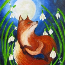 a fox under a full moon flying in among white flowers painted in oil by artist Stacey Pilkington-Smith.