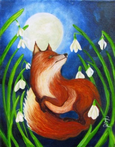 a fox under a full moon flying in among white flowers painted in oil by artist Stacey Pilkington-Smith.