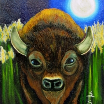 a buffalo under a full moon flying in among yellow flowers painted in oil by artist Stacey Pilkington-Smith.