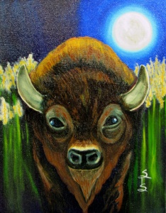 a buffalo under a full moon flying in among yellow flowers painted in oil by artist Stacey Pilkington-Smith.