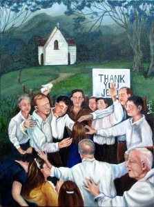 a group of church goers laying hands painted in oil by artist Stacey Pilkington-Smith.