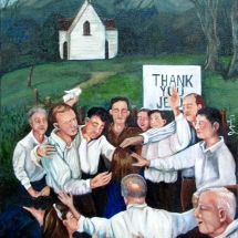 a group of church goers laying hands painted in oil by artist Stacey Pilkington-Smith.