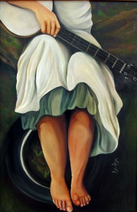 a woman resting a banjo on her lap painted in oil by artist Stacey Pilkington-Smith.