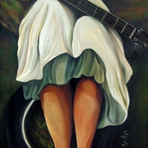 a woman resting a banjo on her lap painted in oil by artist Stacey Pilkington-Smith.