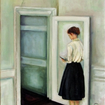 a young woman in a black skirt in a white room painted in oil by artist Stacey Pilkington-Smith.