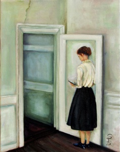a young woman in a black skirt in a white room painted in oil by artist Stacey Pilkington-Smith.