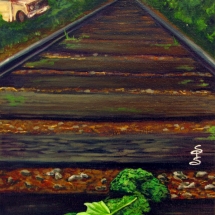 a view down old railroad ties painted in oil by artist Stacey Pilkington-Smith.